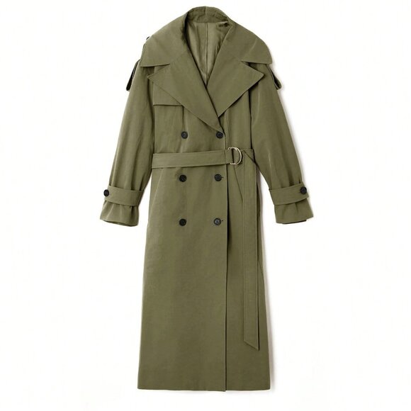 Green Casual Women's Oversized Belted Long Trench Coat - Picture 5 of 5